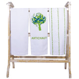 Tea towel set with artichoke screen print on panama cotton, designed by Curious Lions and made in the UK. These keep their shape and colour.