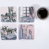 Blush themed coaster set of 4, made from cork and a hard wipeable laminate depicting the french port of St Malo. Designed by Curiouslions.