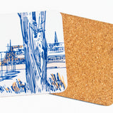 Burnt orange themed coaster set of 4, made from cork and a hard wipeable laminate depicting the french port of St Malo. Designed by Curious Lions and made in the UK.