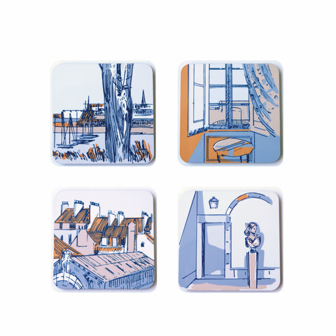 Burnt orange themed coaster set of 4, made from cork and a hard wipeable laminate depicting the french port of St Malo. Designed by Curious Lions and made in the UK.