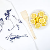 Tea towel set with lucky koi screen print on panama cotton, designed by Curious Lions and made in the UK. These keep their shape and colour.