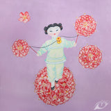 Giclee art print of a spinning acrobat doll painted by UK artist Tess Linder. Suitable for a child’s room. Size 30 x 30cm x 3cm