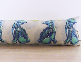 Draught excluder in natural linen with foo dog print: keeps in heat. Designed by Curious Lions and made in the UK. Washable cover and pad.