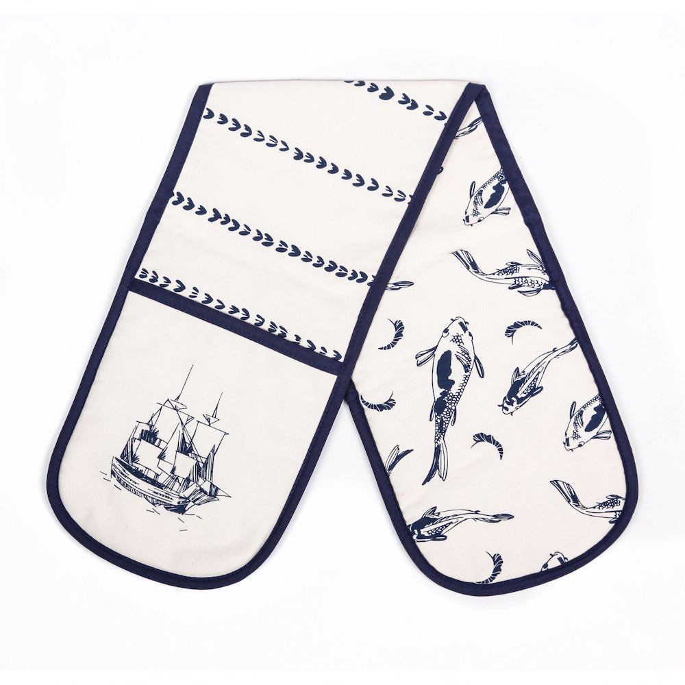 Double oven glove screen printed ship and koi fish combo: ship ahoy! Designed by Curious Lions and made in the UK from panama cotton drill.